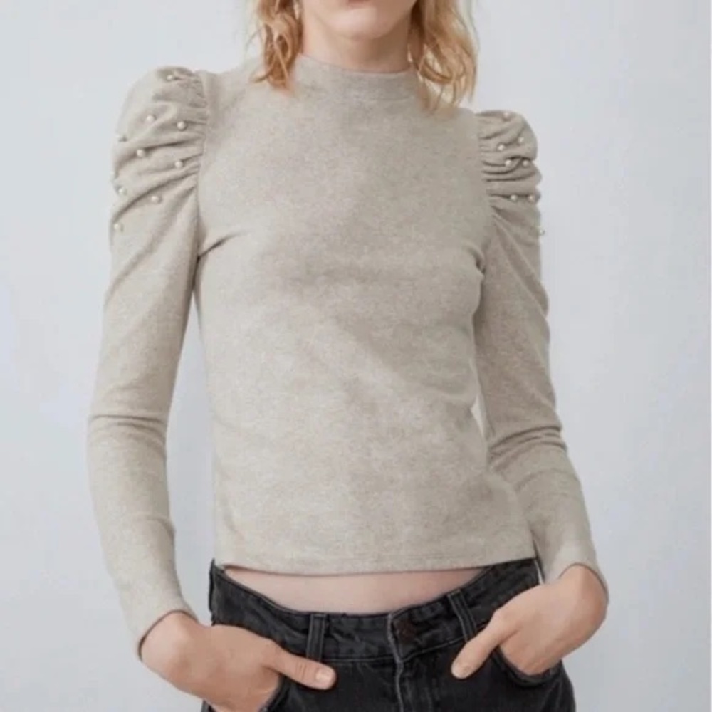 Zara Oatmeal/Beige Pearl-Embellished Blouse